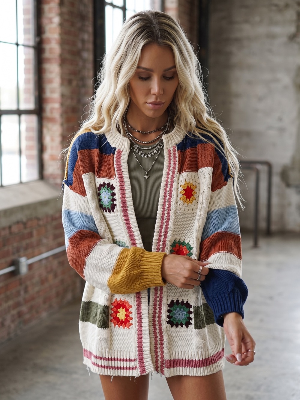 NWT POL Granny Tile Crochet Handmade Stripe Chenille Cardigan Sweater - Picture 3 of 16